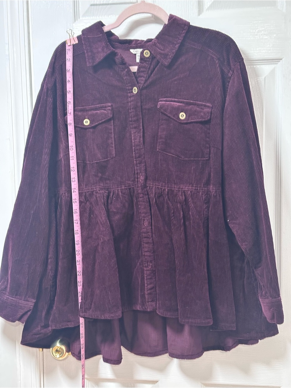 Cato Plum Corduroy Peplum Button-Front Tunic